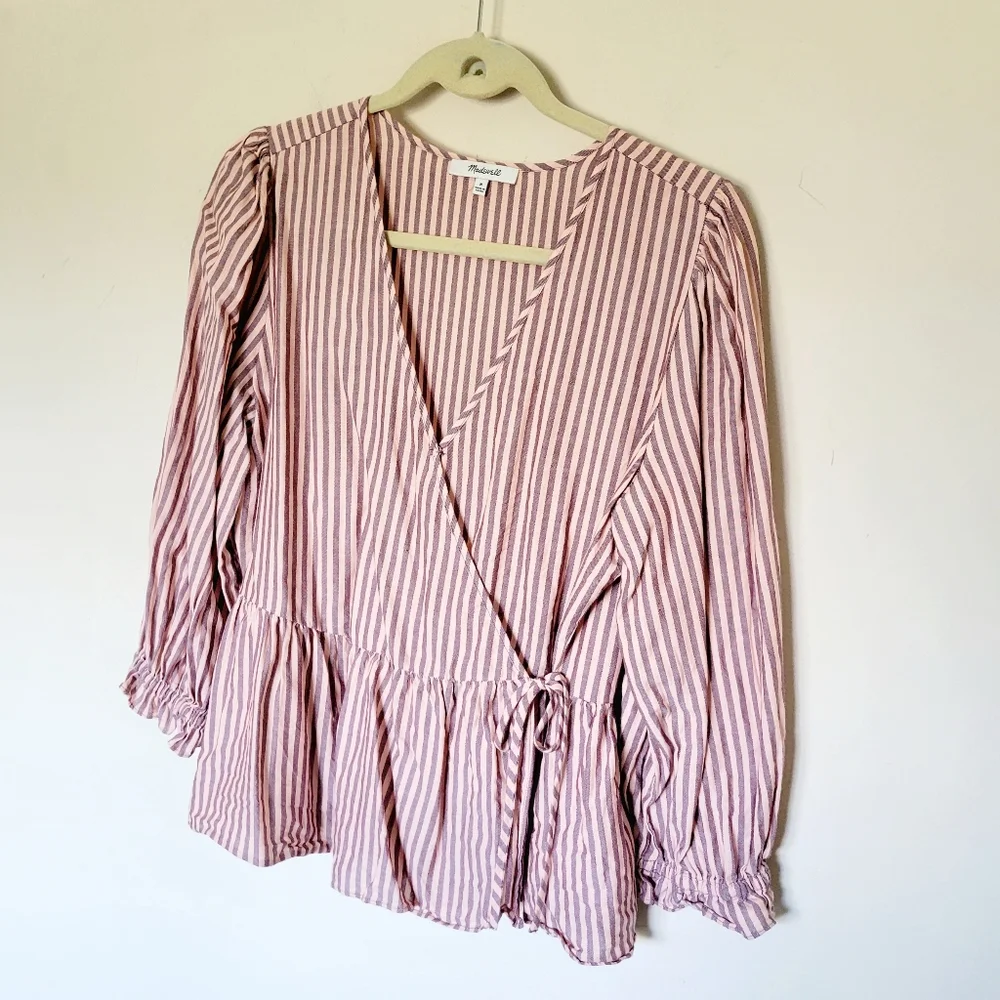 Madewell Puff-Sleeve Peplum Wrap Top in Stripe‎ in Sweet Tulip